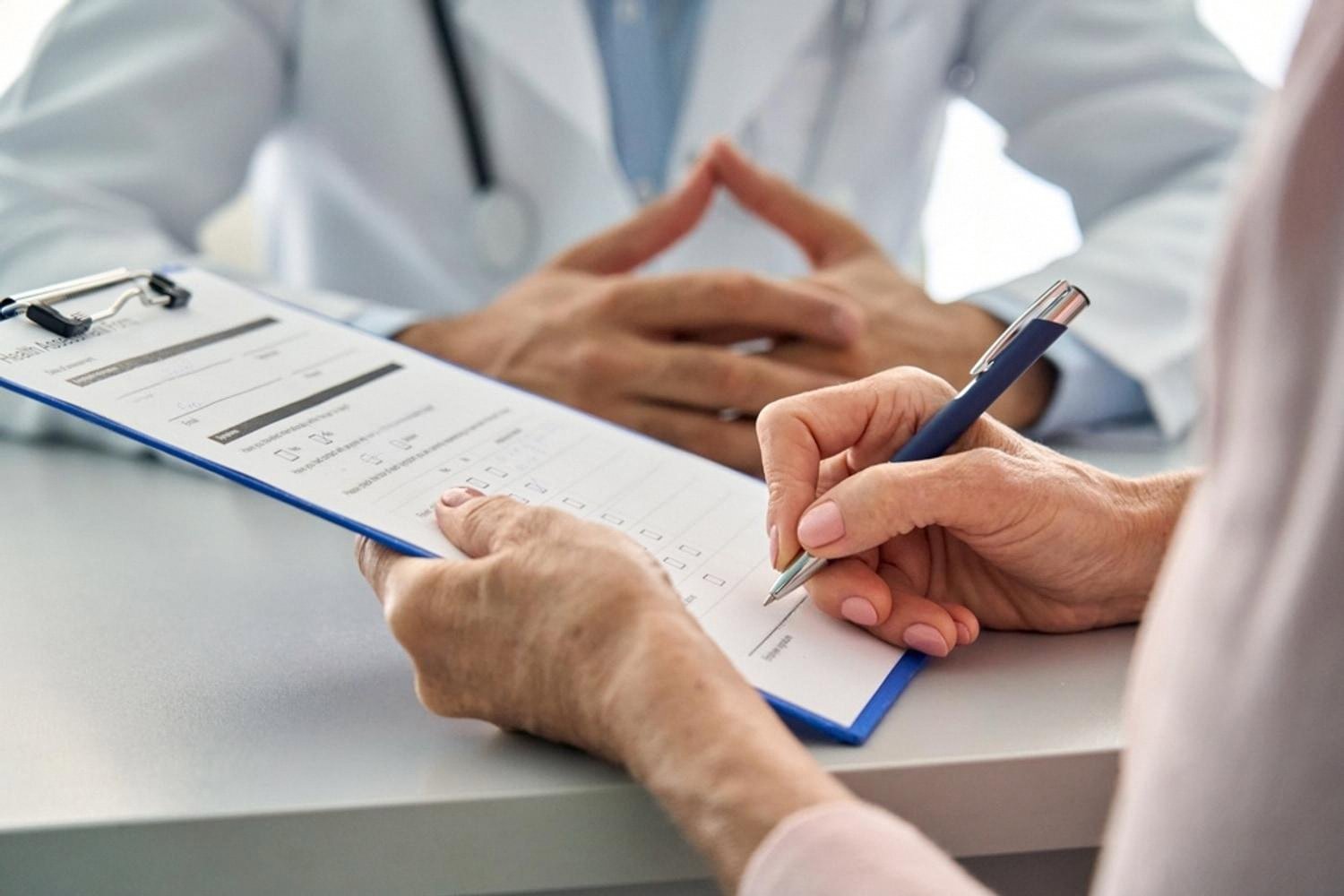 Client signing a life insurance policy form with a doctor present